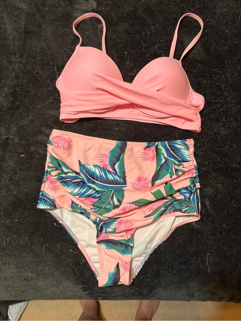 Pink Twist Bikini Top with Tropical High-Waist Bottoms